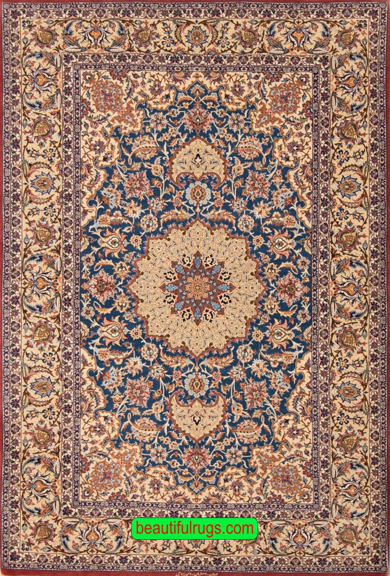 Elegant hand woven and fine quality woven woven vegetable dyed Persian Isfahan rug made from the finest kork wool and silk Rug size 5x7.2.