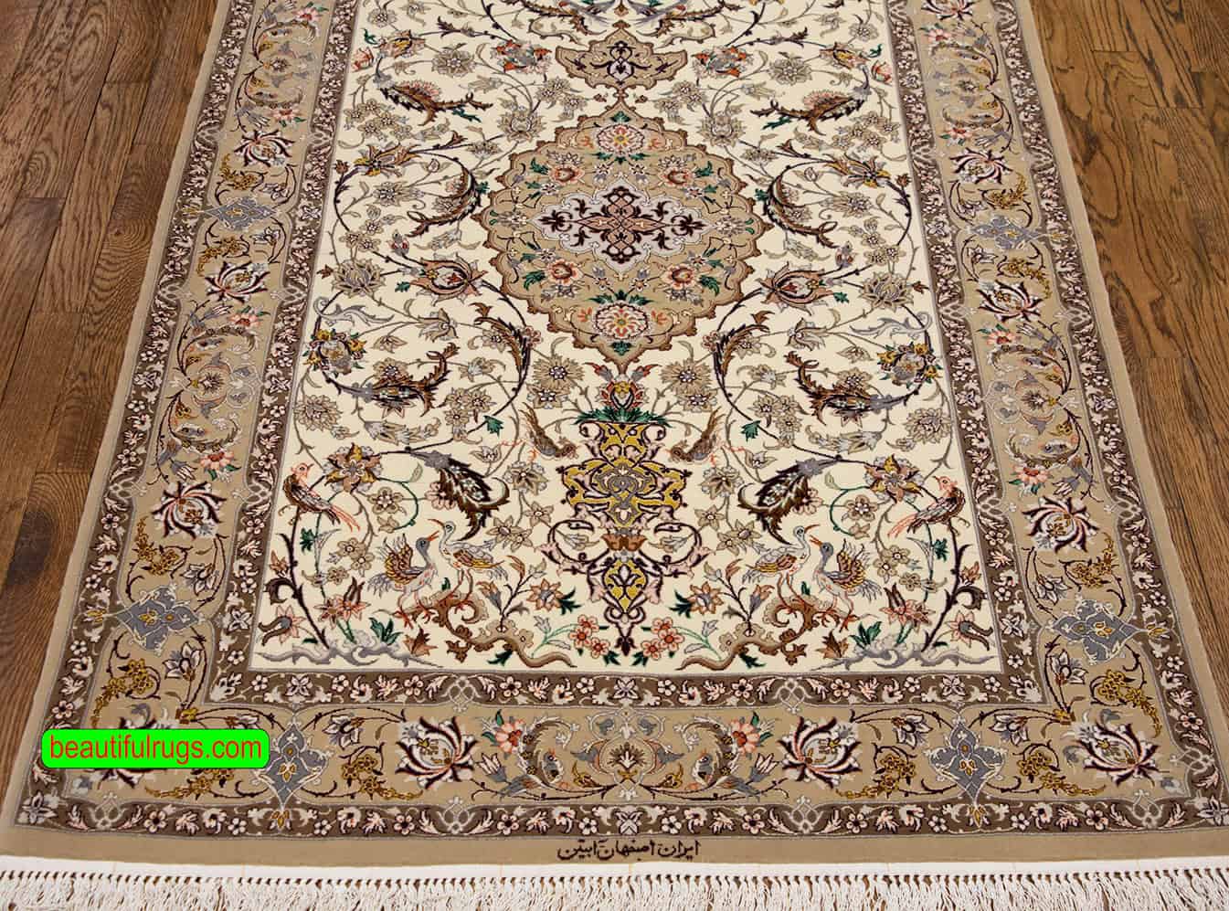 3x5 area rugs, handmade Persian Isfahan rug in beige color made of wool and silk. Size 3.7x5.5.