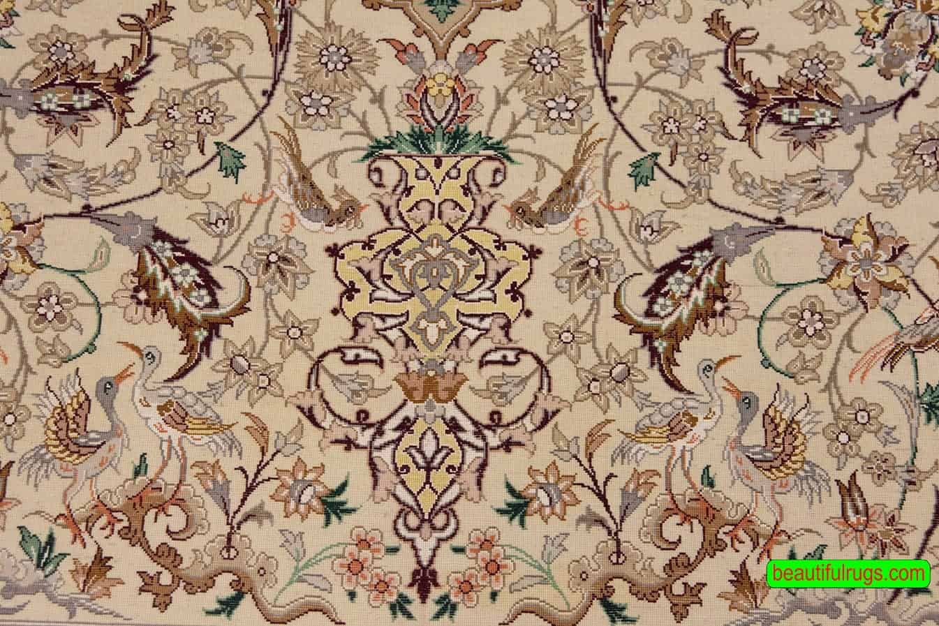 3x5 area rugs, handmade Persian Isfahan rug in beige color made of wool and silk.