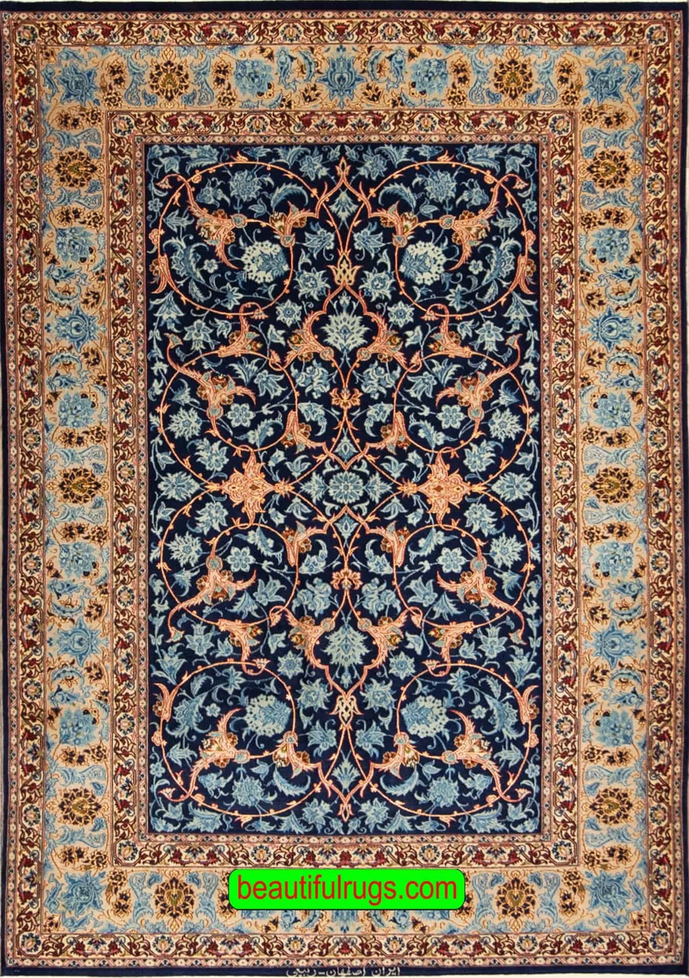 2349- Old Persian Isfahan rug, navy blue rug made from fine quality kork wool and silk. Size 4.7 x 7.