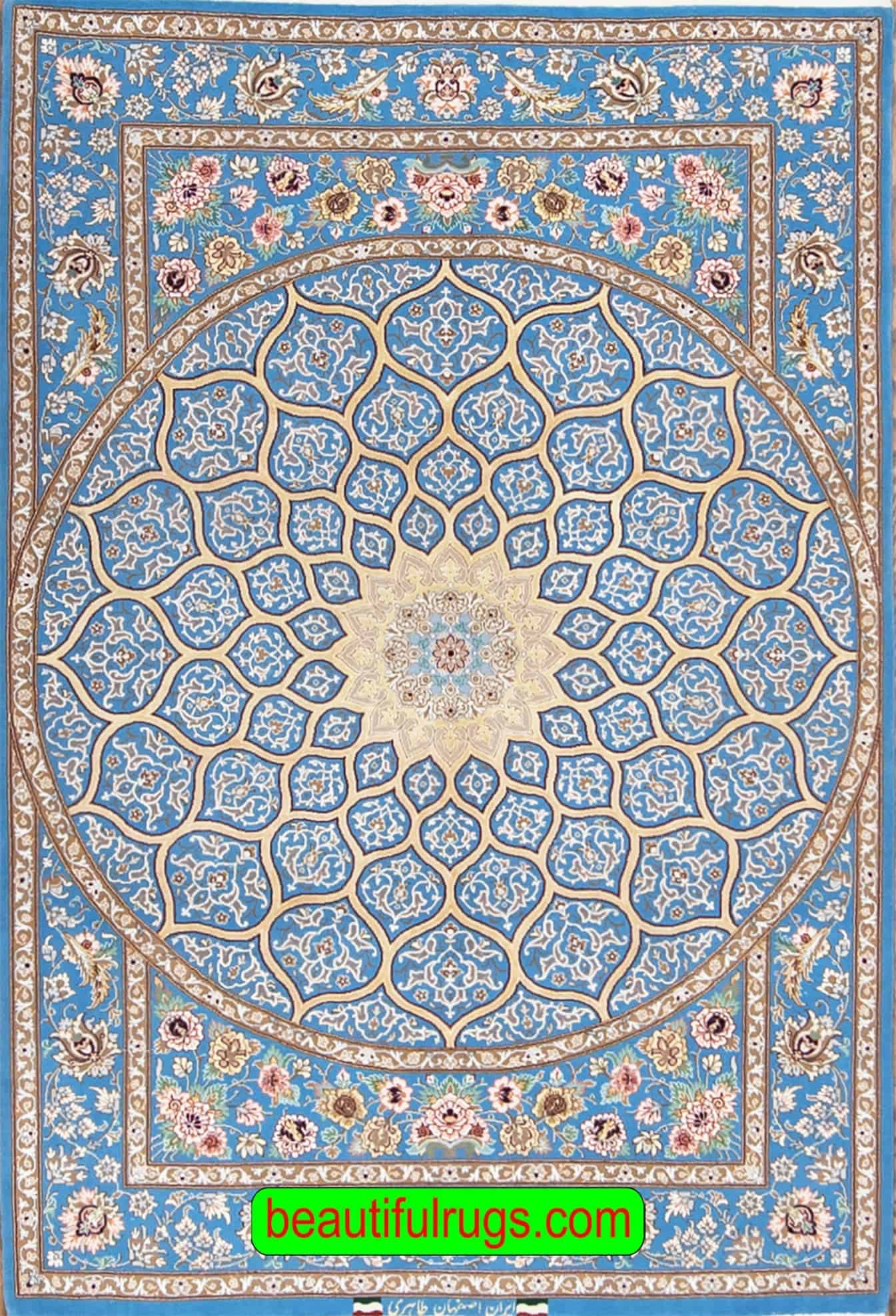 2401- Small area rugs, handmade Persian Isfahan blue rug . A fine quality Mandala rug made from kork wool and silk. Size 3.8 x 5.5. 