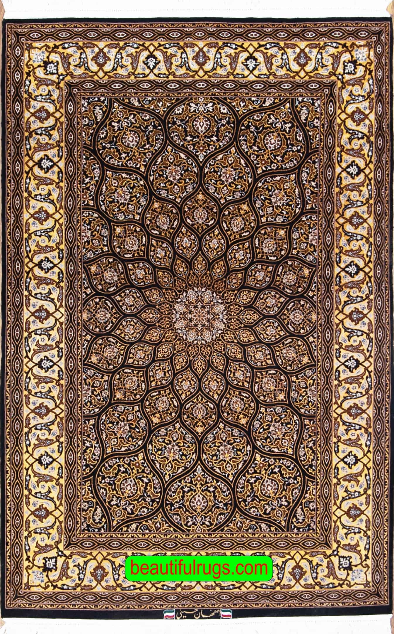 2467- Mandala design handmade Persian Isfahan wool and silk area rug in black and gold color. Size 4.3x6.7.