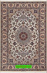 High quality Persian Isfahan vegetable dyed kork wool and silk rug in beige color. Size 4.9x7.3.