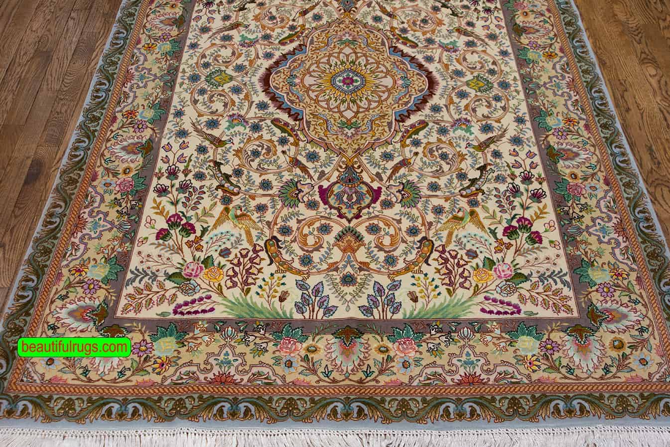 2753- Beautiful multicolor handmade Persian Tabriz rug made of wool and silk with birds and flowers. Size 5x7.2. 