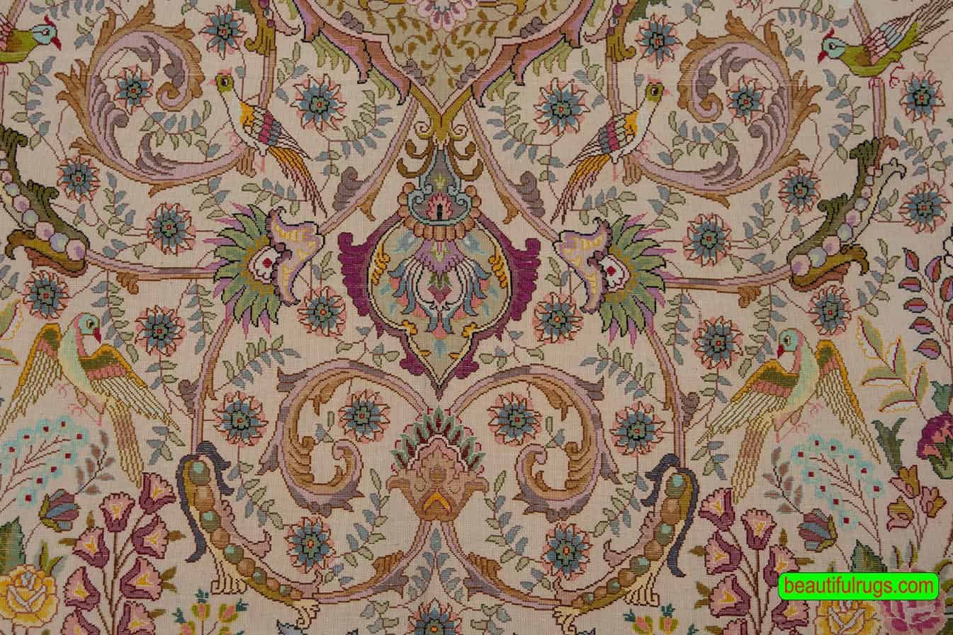 2753- Beautiful multicolor handmade Persian Tabriz rug made of wool and silk with birds and flowers. Size 5x7.2. Backside image. 