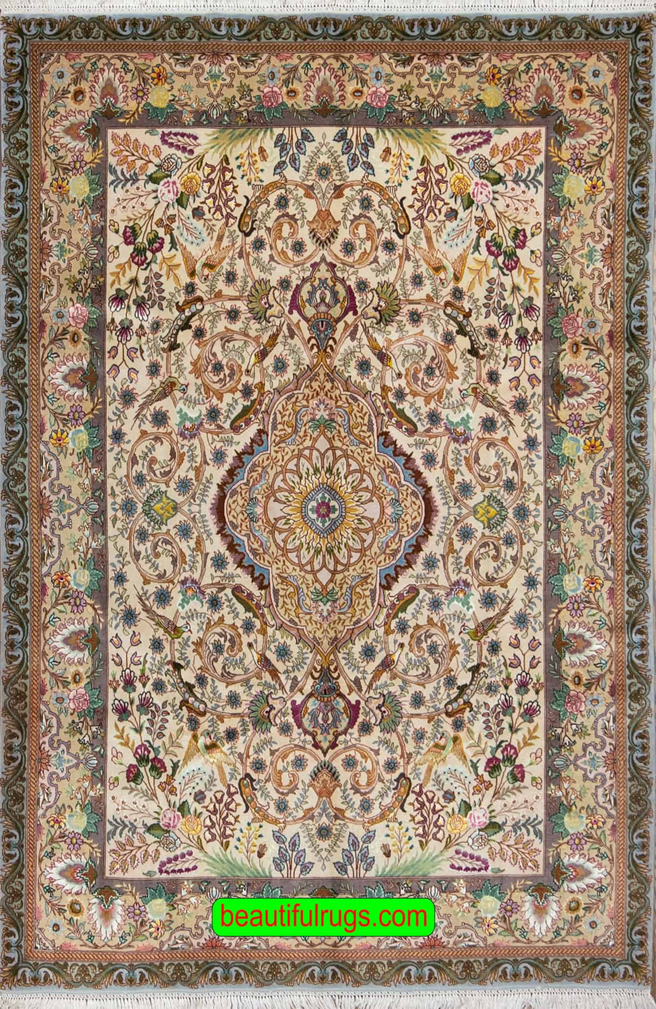 2753- Beautiful multicolor handmade Persian Tabriz rug made of wool and silk with birds and flowers. Size 5x7.2. 