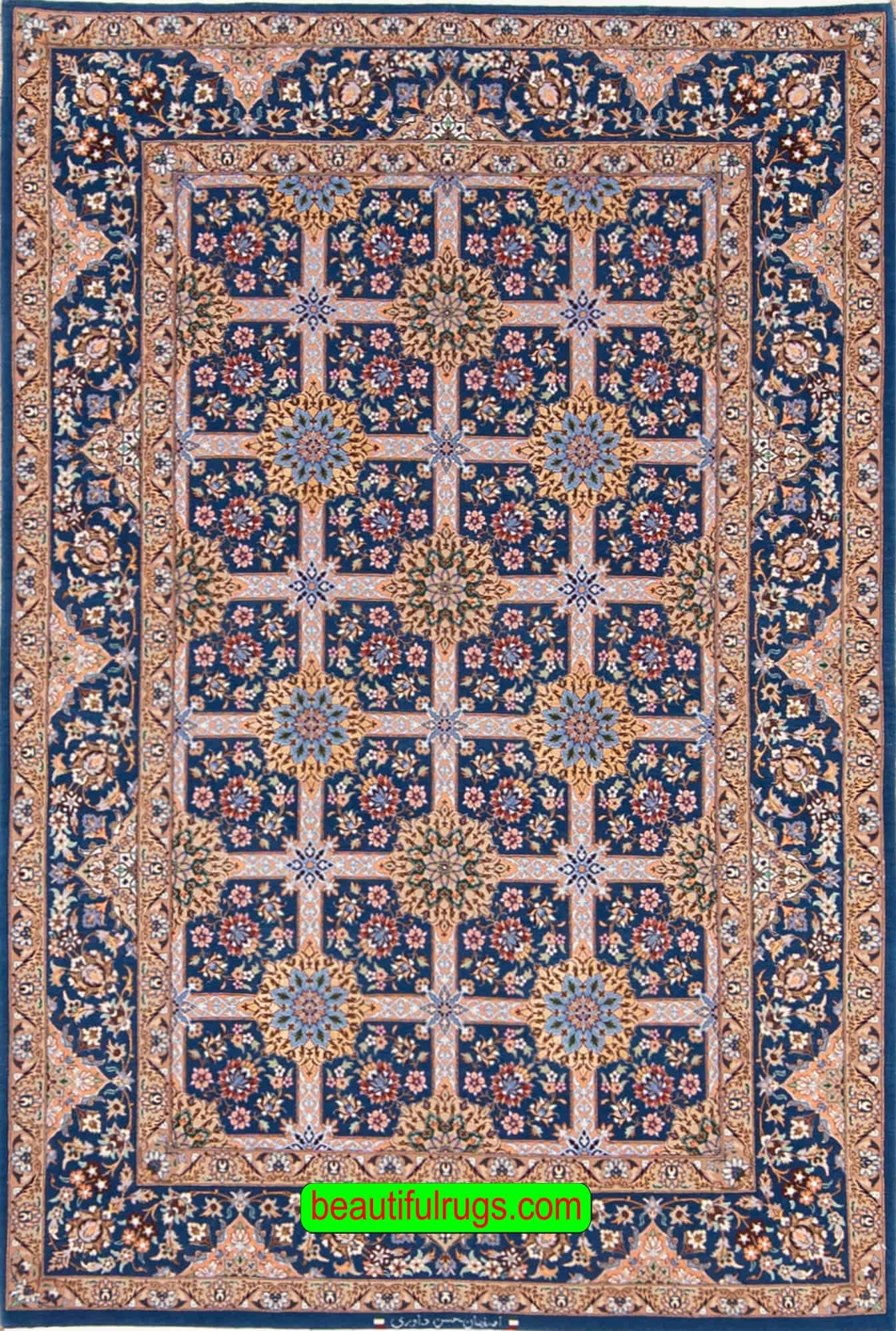 Handmade Persian Isfahan rug made from finest quality kork wool and silk, Allover design Persian rug in blue color. Size 4.5x6.7.