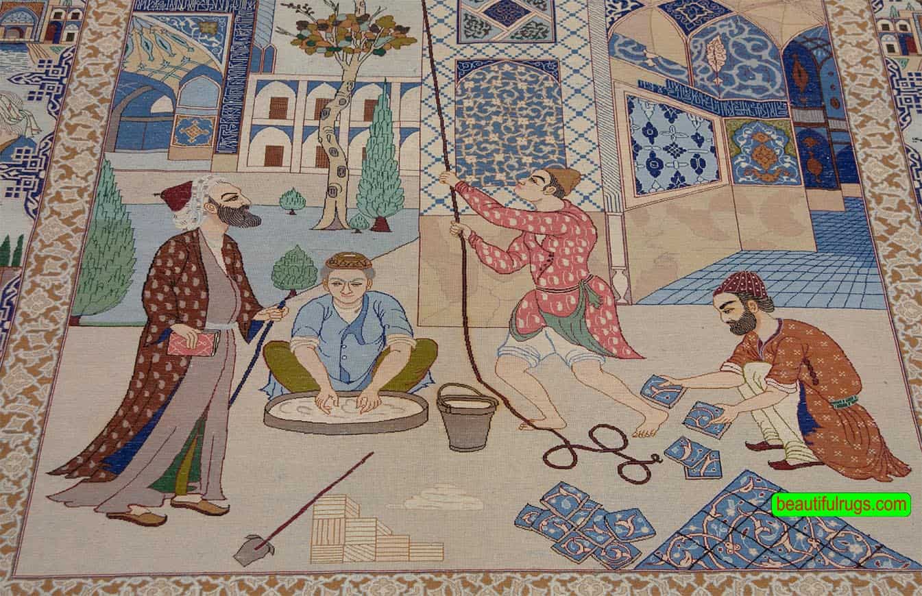 Handmade antique Persian Isfahan rug made from Japanese kork wool and silk illustrating engineers are building a mosque. Size 5x7.7.