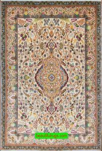 Small rugs for living rooms handmade beige color Persian Tabriz rug made from wool and silk. Size 5x7.2.