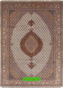 Hand knotted Tabriz wool and silk Persian area rugs for living room in beige and brown colors.