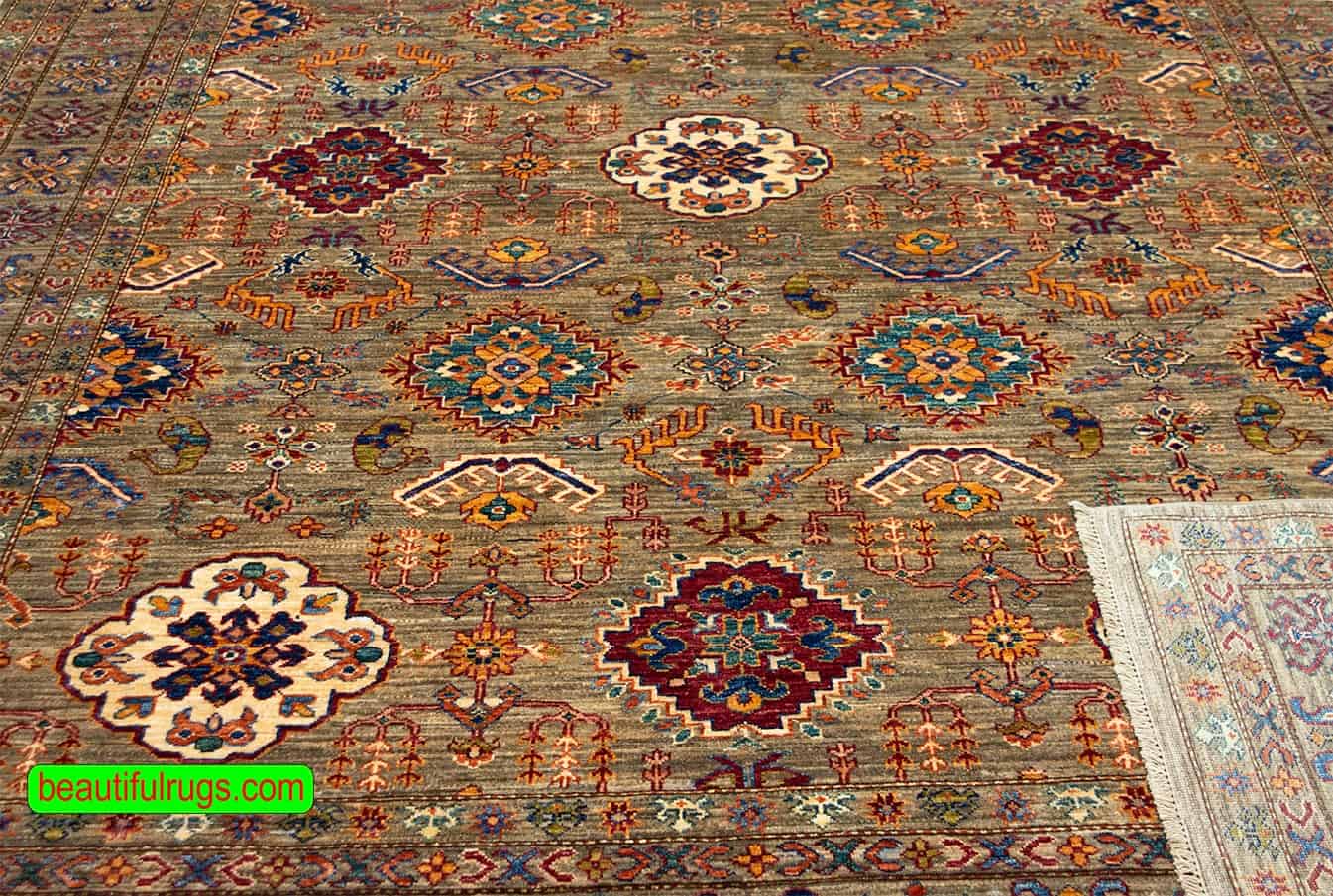 Hand knotted city made area rug in brown color. Geometric style Kazak rug. Size 8x10.3.