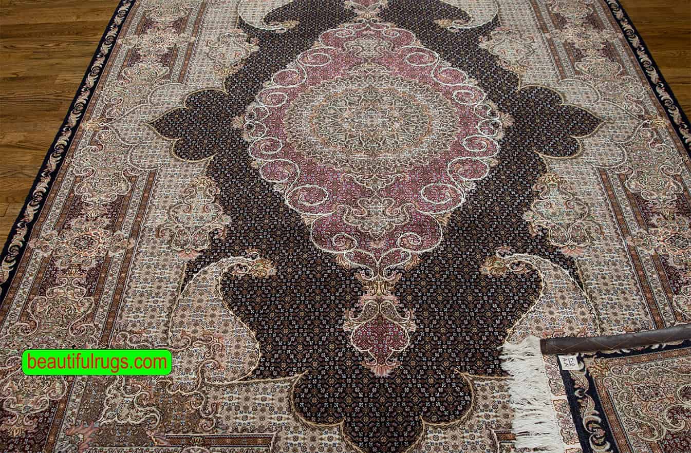 2537- Unique hand knotted Persian Tabriz wool and silk rug in black color. Size 6.8x10.