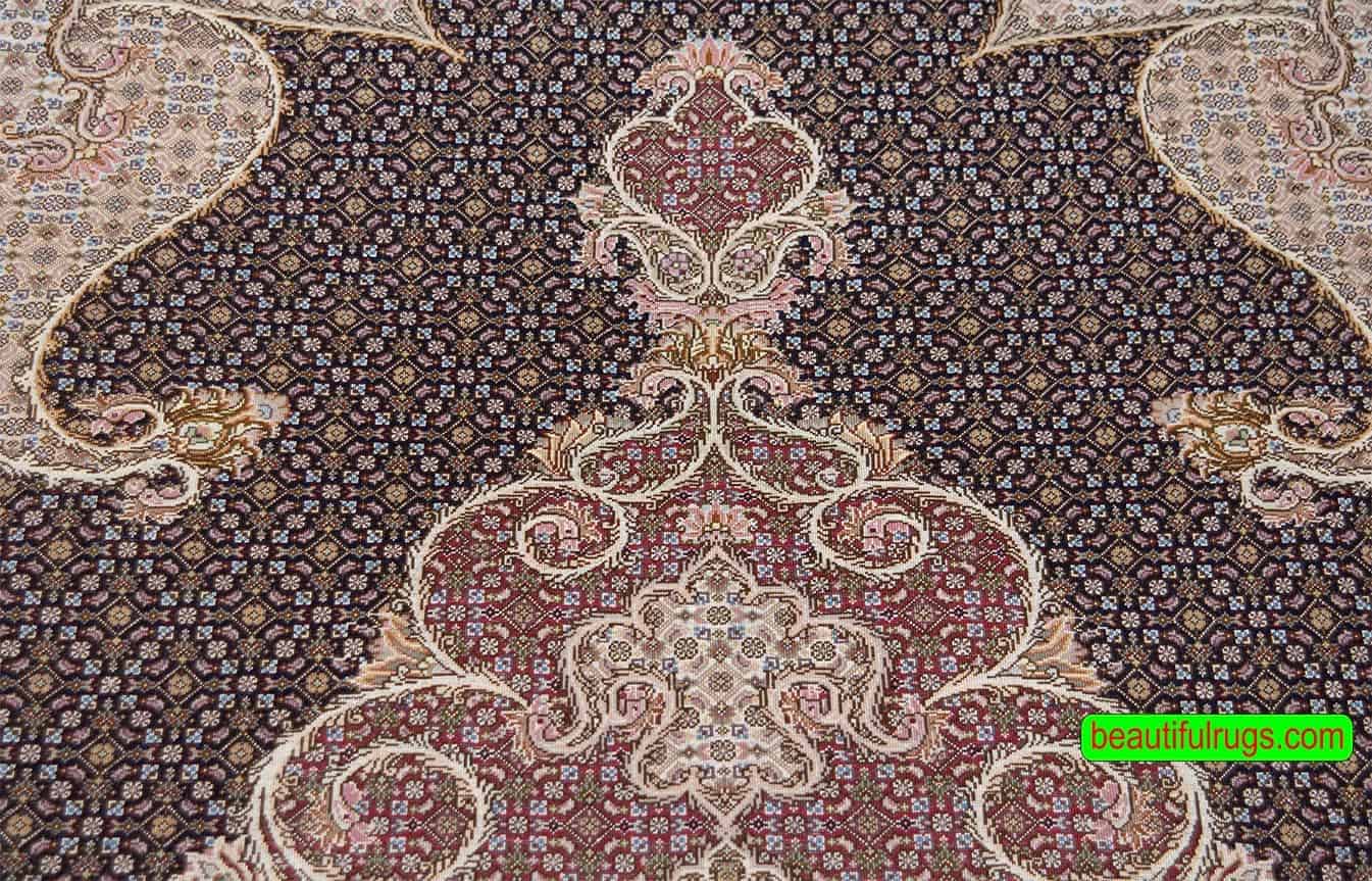 2537- Unique hand knotted Persian Tabriz wool and silk rug in black color. Size 6.8x10. Backside image.