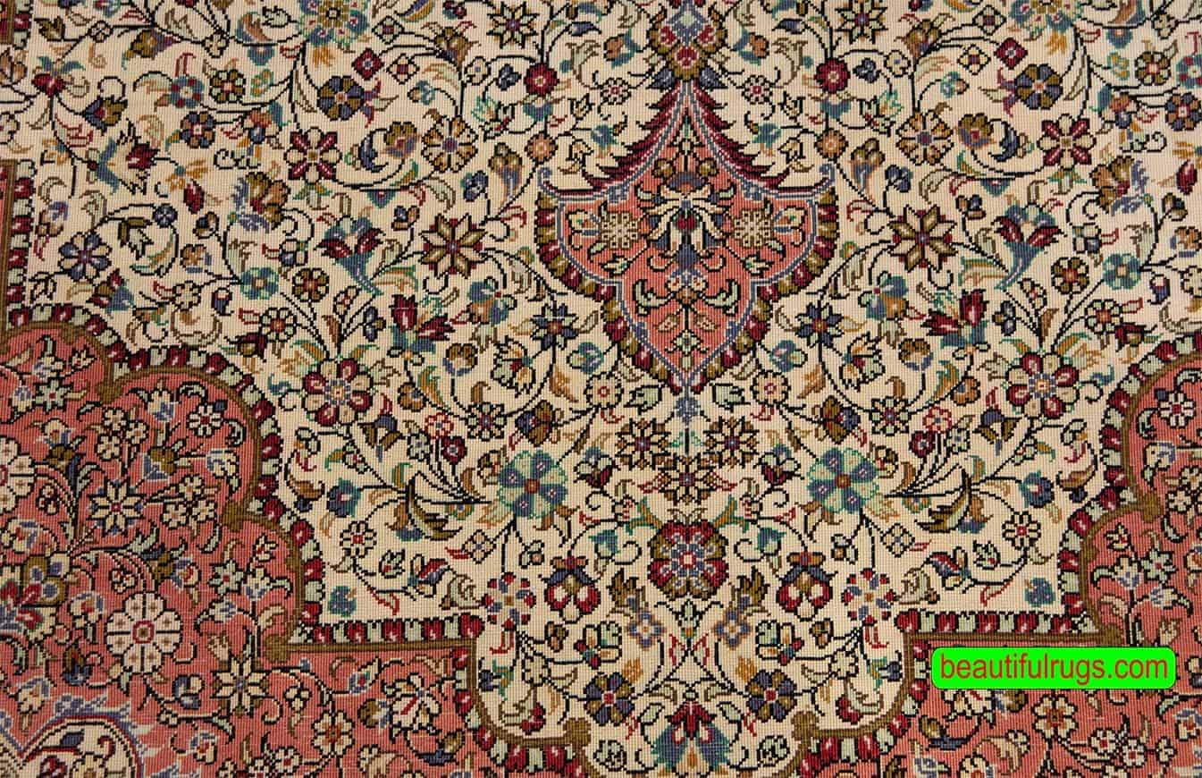 2538- High quality hand knotted Persian Qum rug made of kork wool and silk. Size 5.3x8. Backside image.