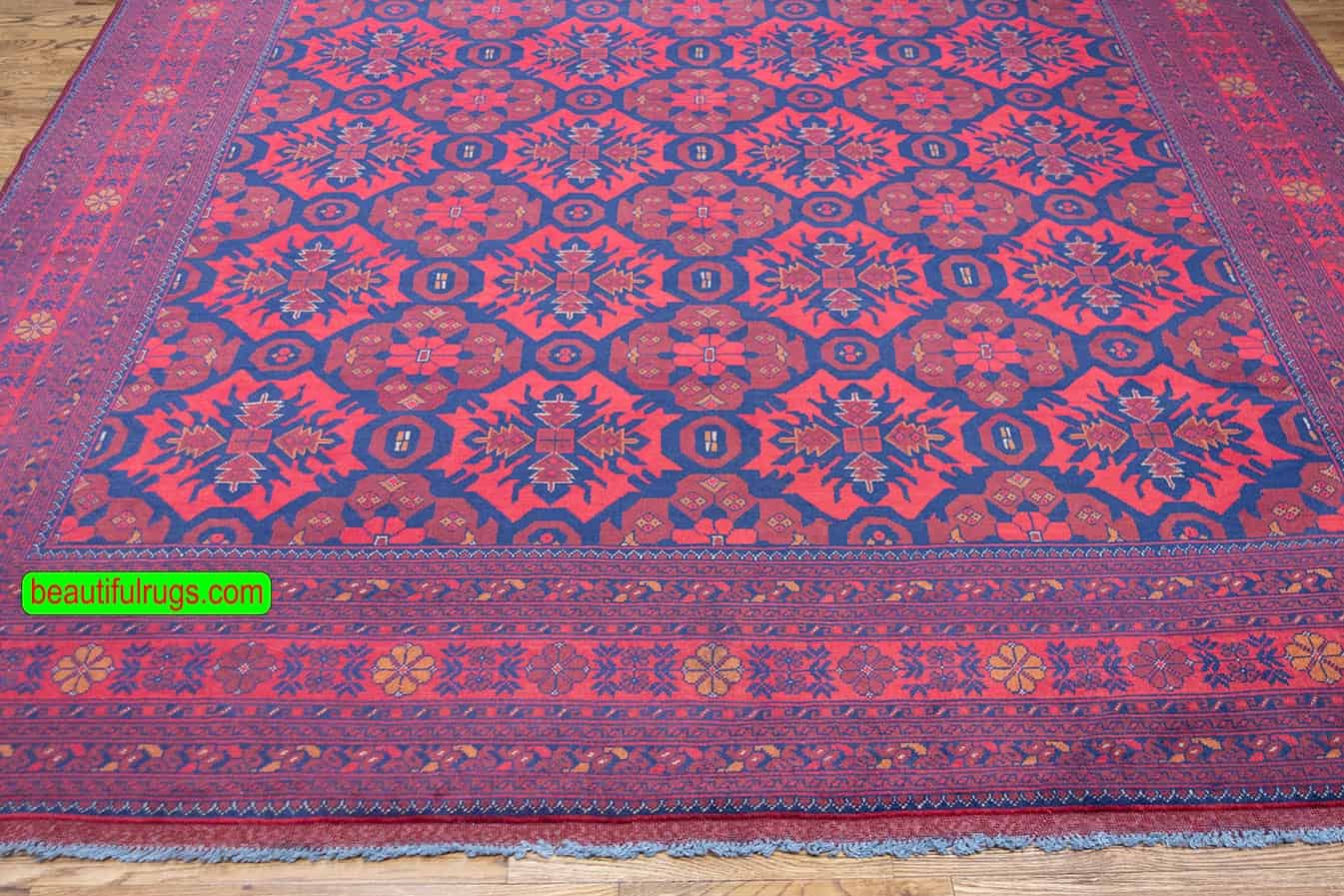 Large size handmade Kunduz Aghan rug, tribal rug in red color. Size 8.3x11.4.