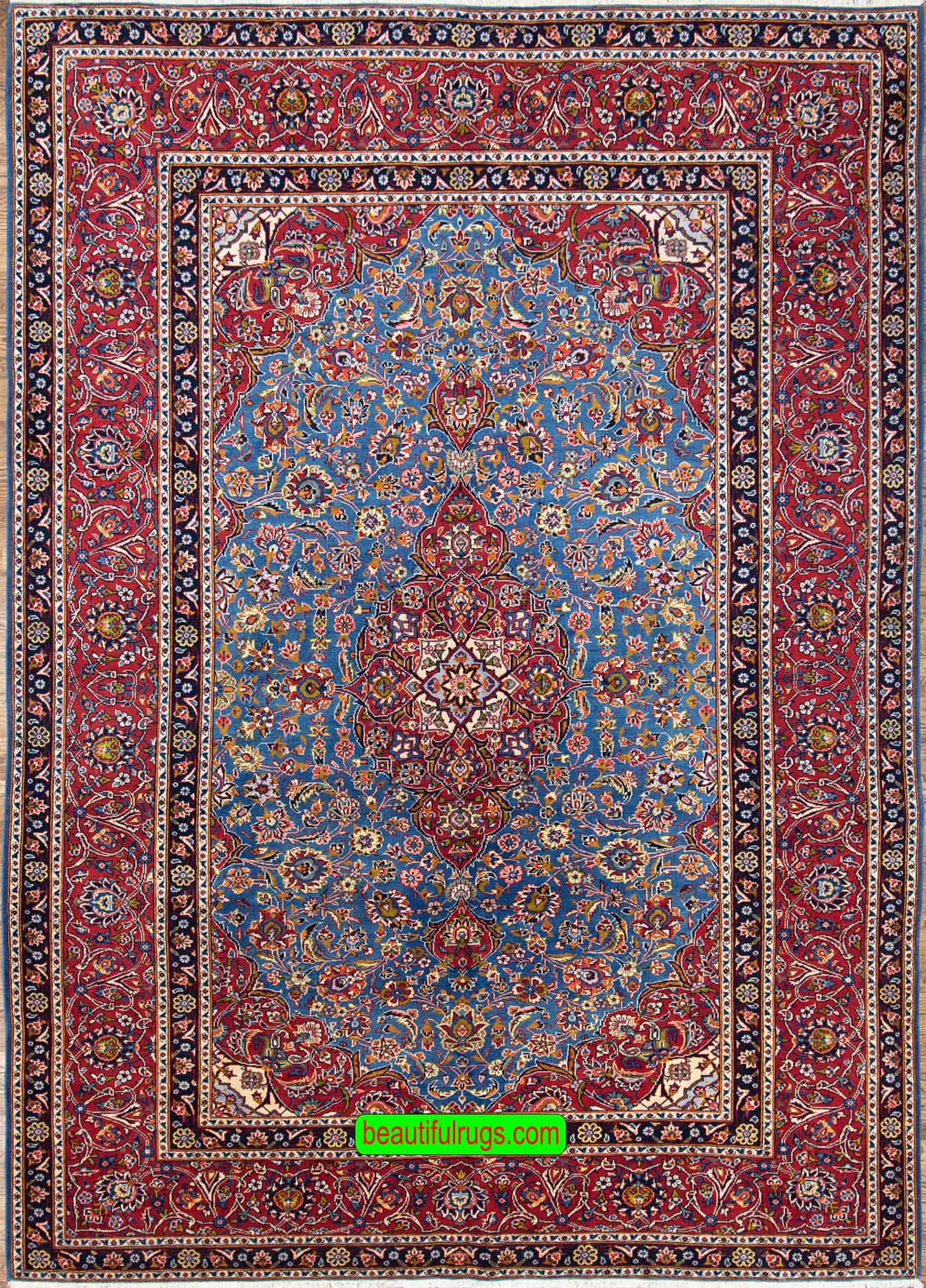 Blue and red color wool Persian Kashan area rug for living room. Size 8x11.6.