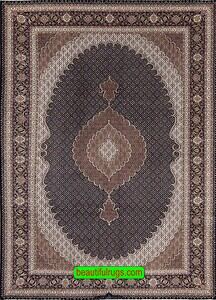 Wool and silk rugs, handmade Persian Tabriz rug with black and brown colors with a large center medallion. 