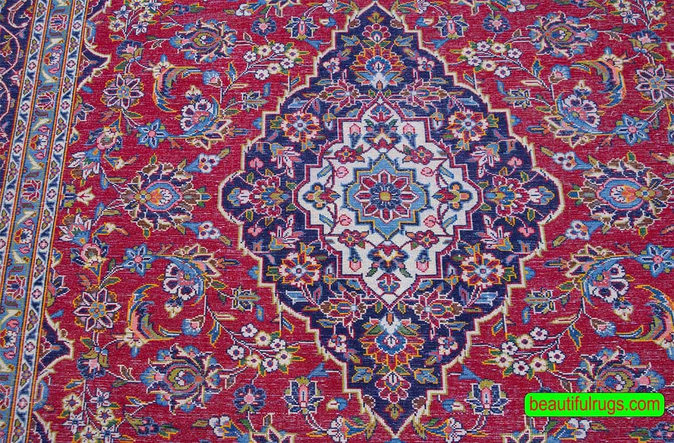 2288- Discount area rugs. Handmade Persian Kashan area rug in red color and traditional Kashan style. Size 7.3x10.2. Backside image.