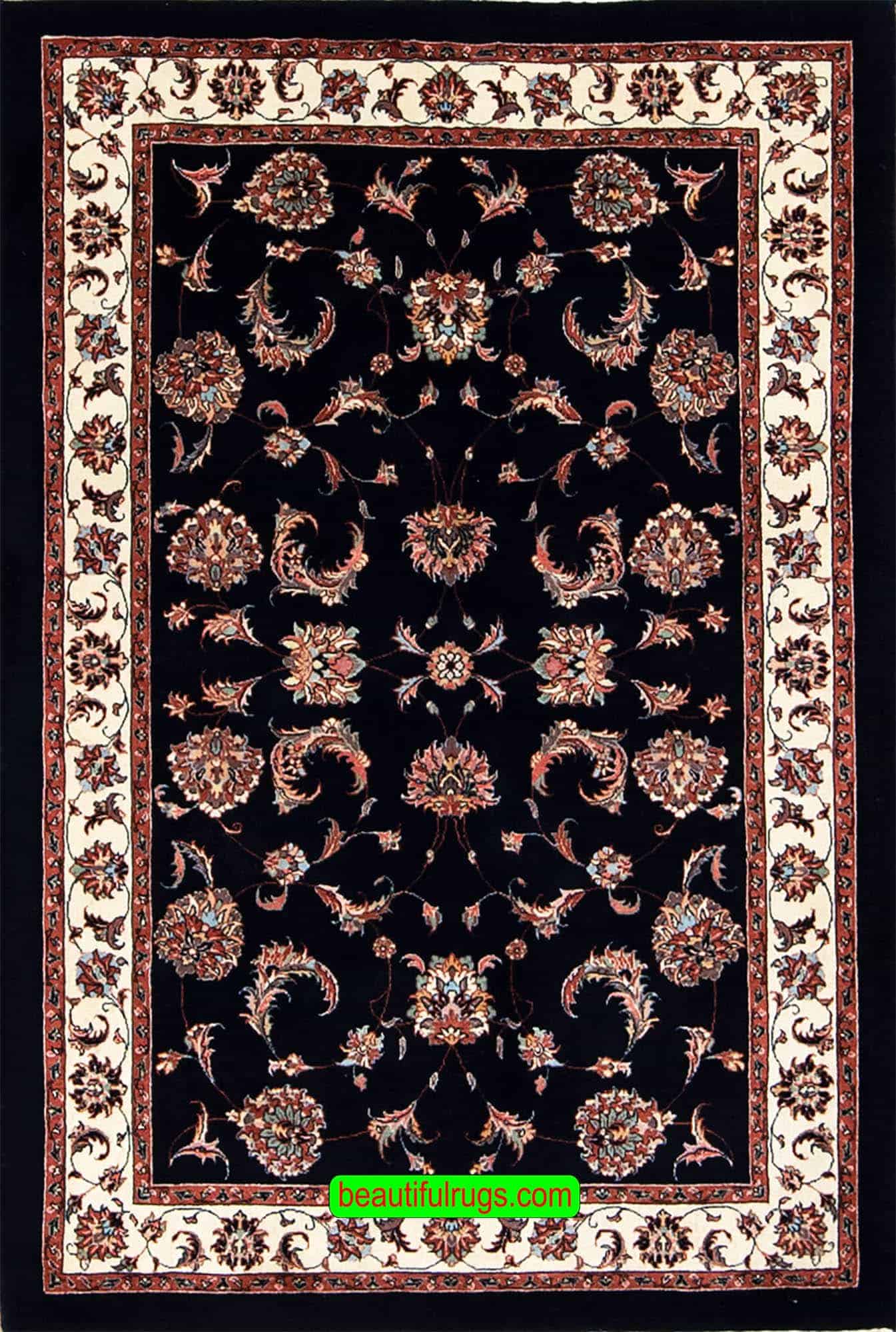 A Thick hand knotted Persian Bijar wool and silk rug in dark blue and white colors. Size 3.6x5.1.