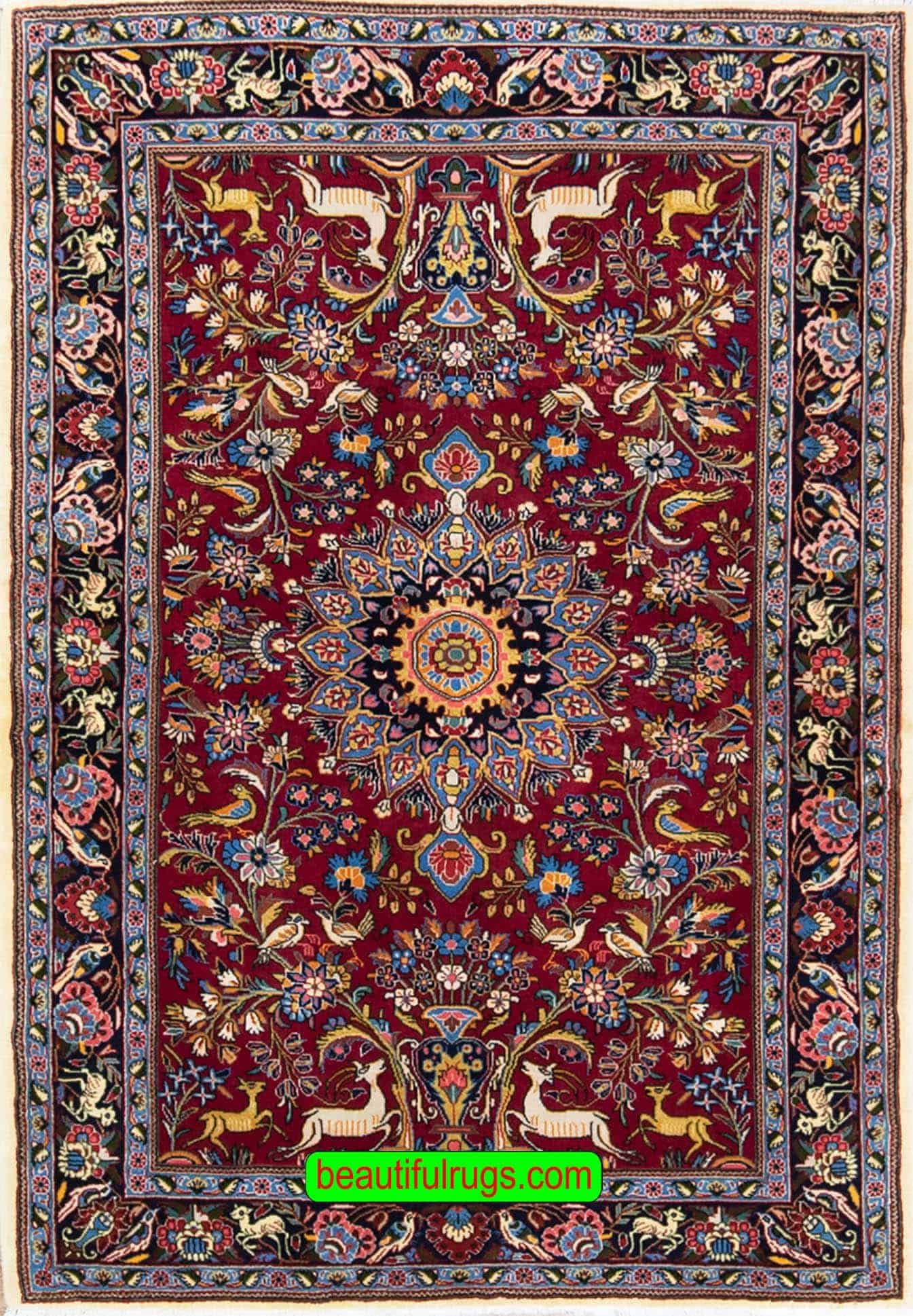 2310- Best area rugs. handmade Persian Sarouk area rugs with birds and animal motifs. Size 4x5.10.