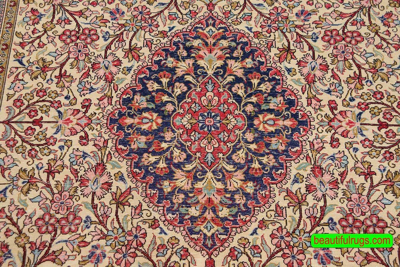 2332- Hand knotted Persian Qum rug, floral Persian rug made of wool and a touch silk. Size 4.8x7.1. Backside image.