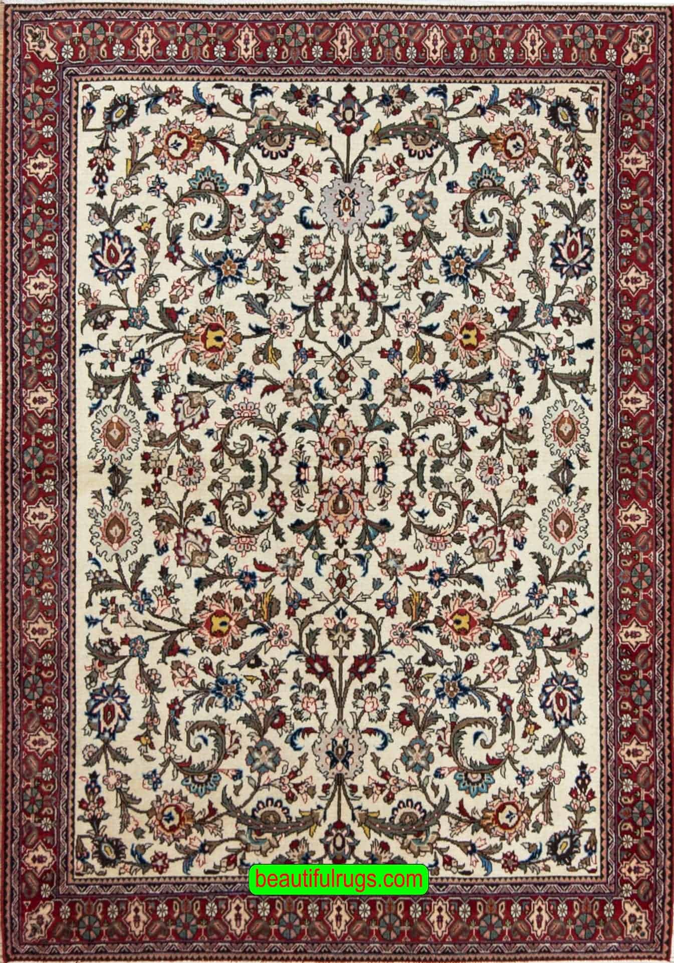 Floral rug, handmade Persian Abadeh wool rug with beige and red colors. Size 5.2x7.
