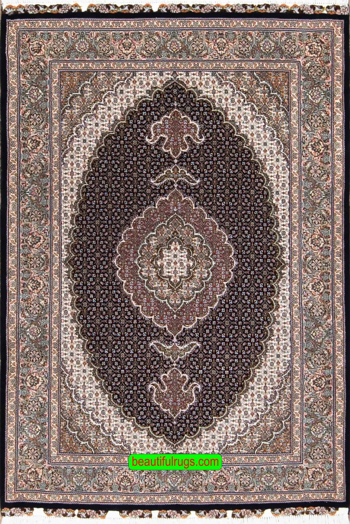 A beloved design, handmade Persian Tabriz wool and silk rug in black and green colors. Size 3.6x5.
