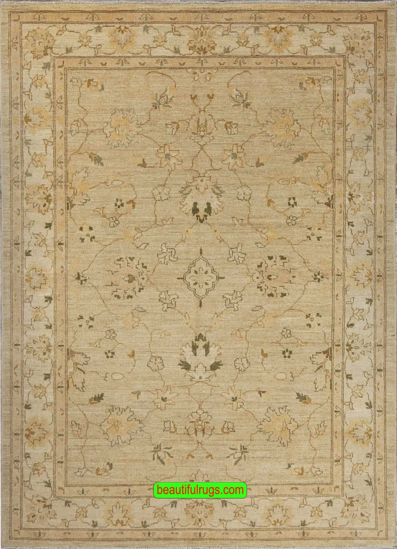 Handmade transitional style Pakistani wool oriental rug with beige and green colors. Size 5.8x7.9.