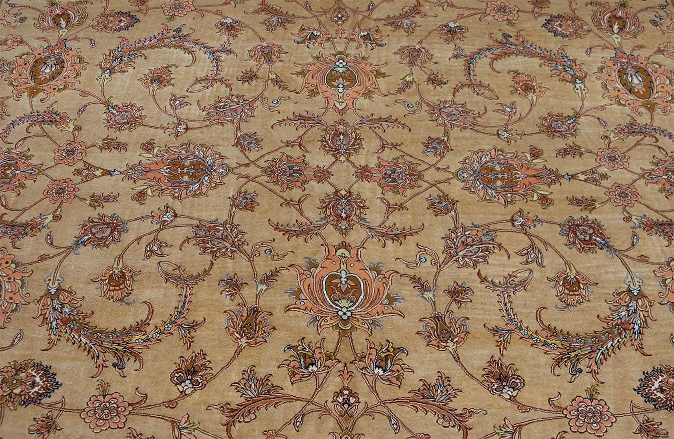 Persian Silk carpet, top quality handmade Persian Isfahan silk carpet with champagne and olive. Size 8.6x12.color. Size 8.6x12.
