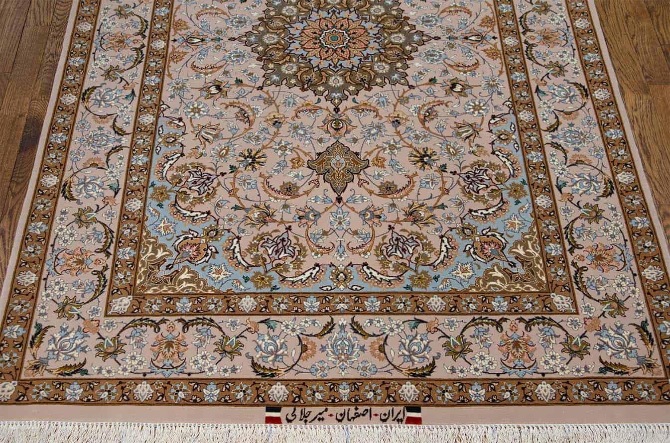 Hand knotted Persian Isfahan rug, floral entry rug in beige and pastel brown color. Size 3.10x6.