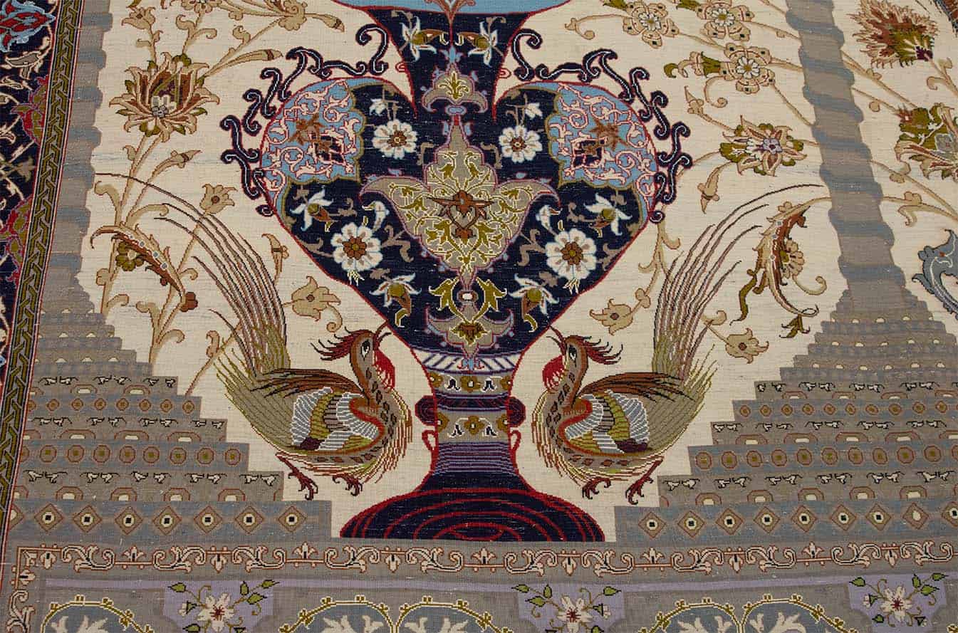 A splendid masterpiece of Isfahan Iran, hand knotted multi color Persian Isfahan wool and silk rug. Size 11.9x16.