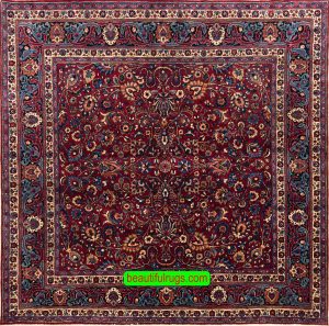 roon rugs, handmade Persian Mashad square rug in red maroon color.