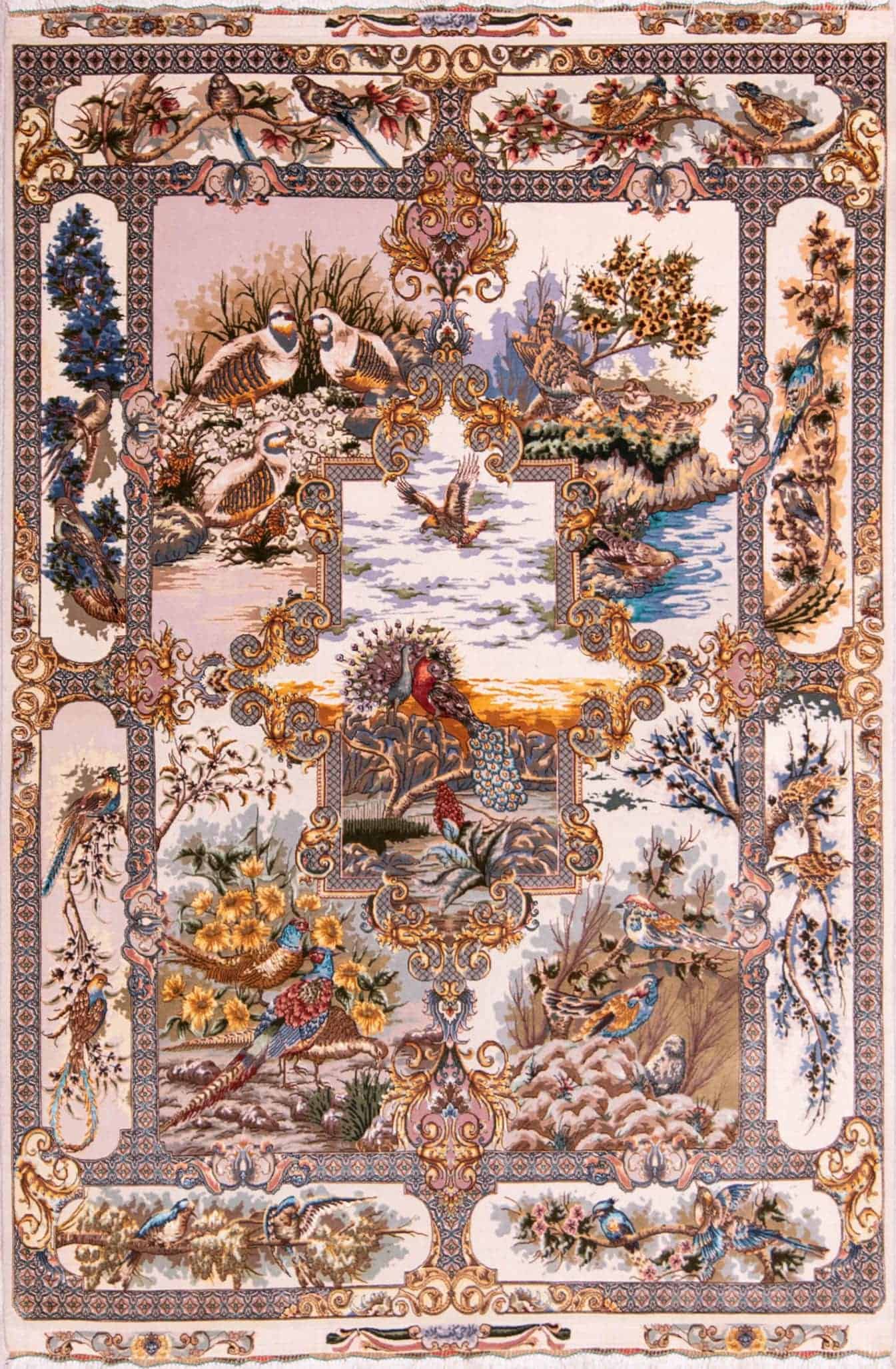 5x7 Tabriz Persian rug, handmade wool and silk scenic Persian rug illustrating Peacock and Pheasant.