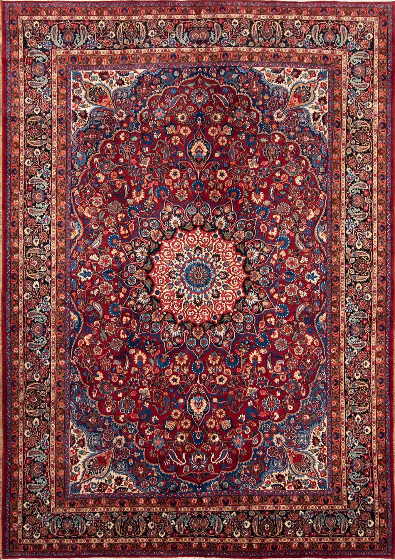 Handmade Persian Mood area rug, floral design with red and navy blue colors. Size 8.5x11.8.