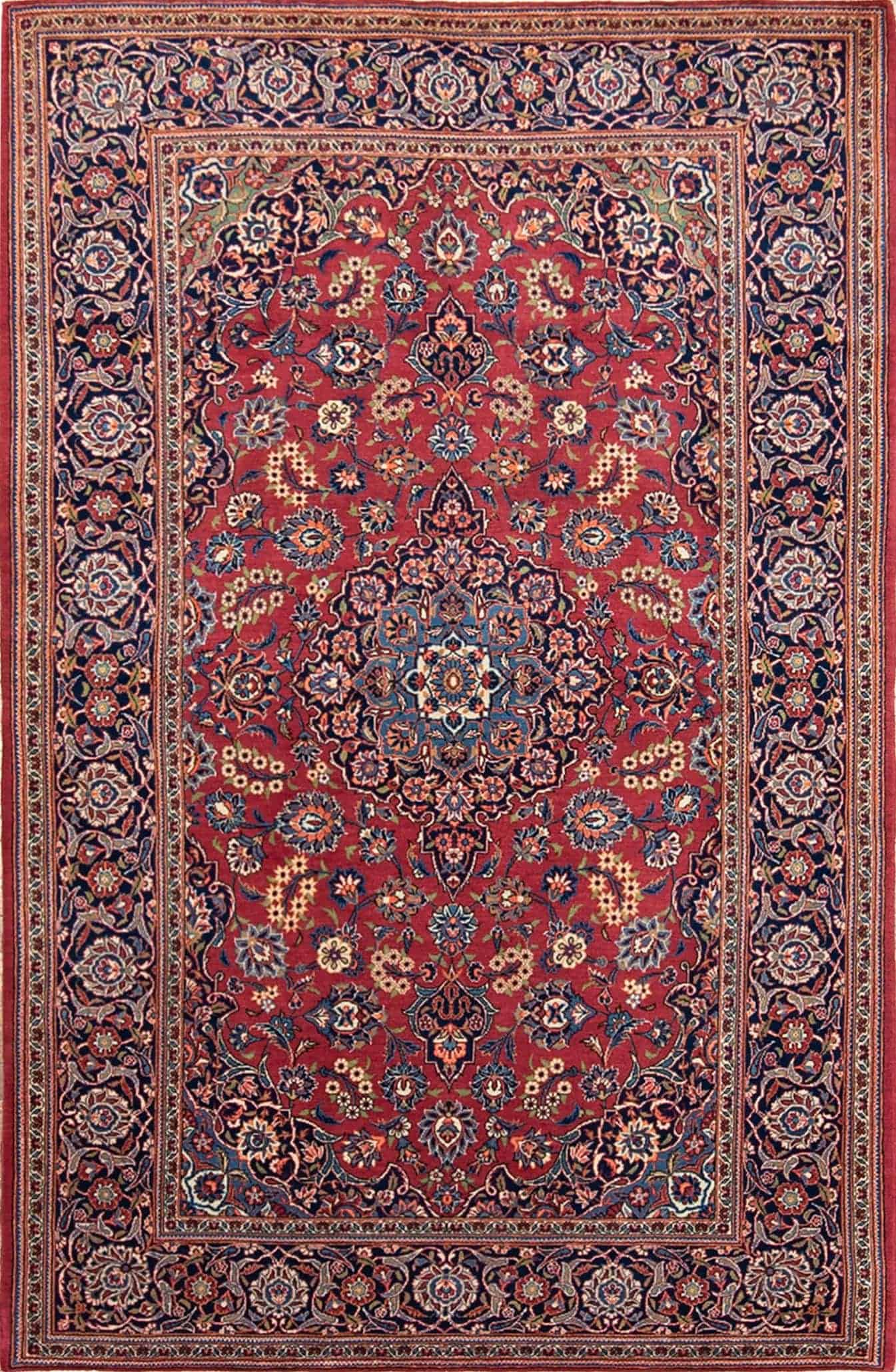 Hand knotted floral design vintage Persian Kashan rug in red color. Rug size 4.6x7.3.