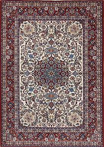 Authentic handmade antique Persian Isfahan Wool rug with beige and red colors. Rug size 5x7.