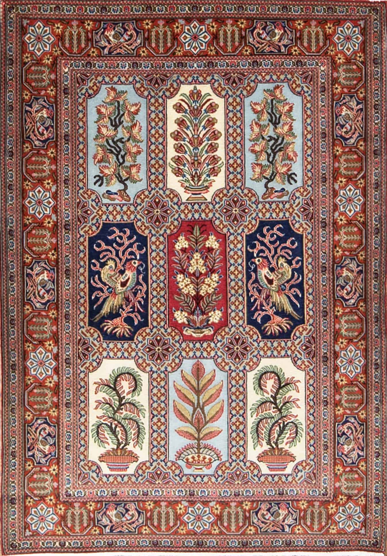 A small handmade Persian Qum area rug, multicolor wool area rug with flowers and birds in different panels. Size 3.4x5.