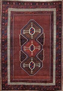 Handmade geometric style Persian Sirjan wool area rug in red color. Size 5.5x7.9.