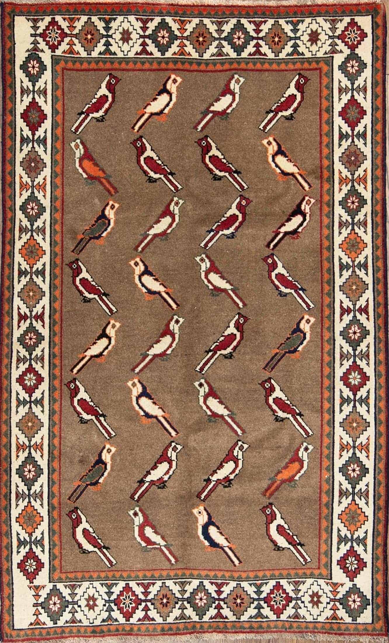 2666- Unique hand knotted Persian Shiraz wool area rug with sparrows for bird lovers. Size 4.5x7. 