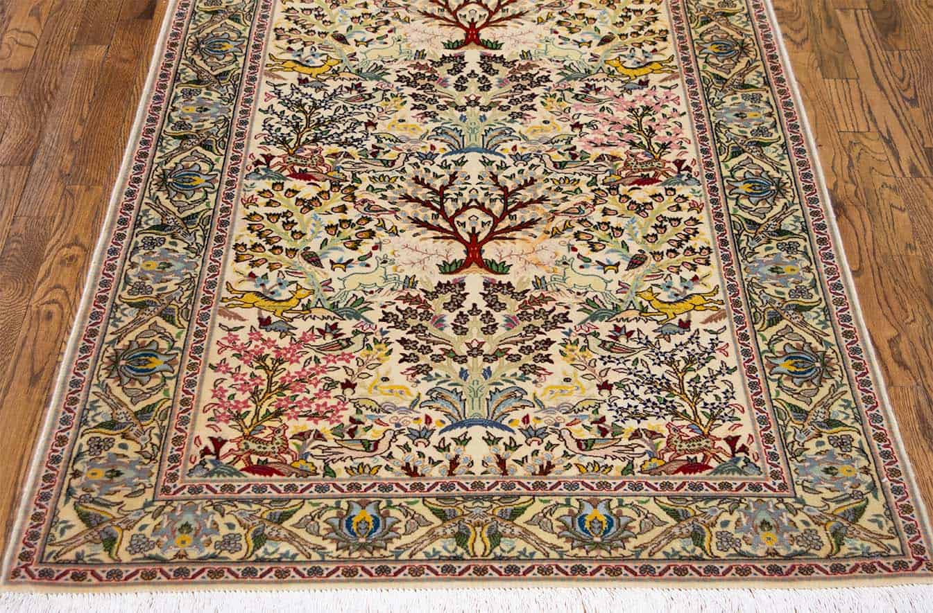 Handmade Persian Tabriz tree of life wool rug with birds and animals in beige color. Size 3.6x5.