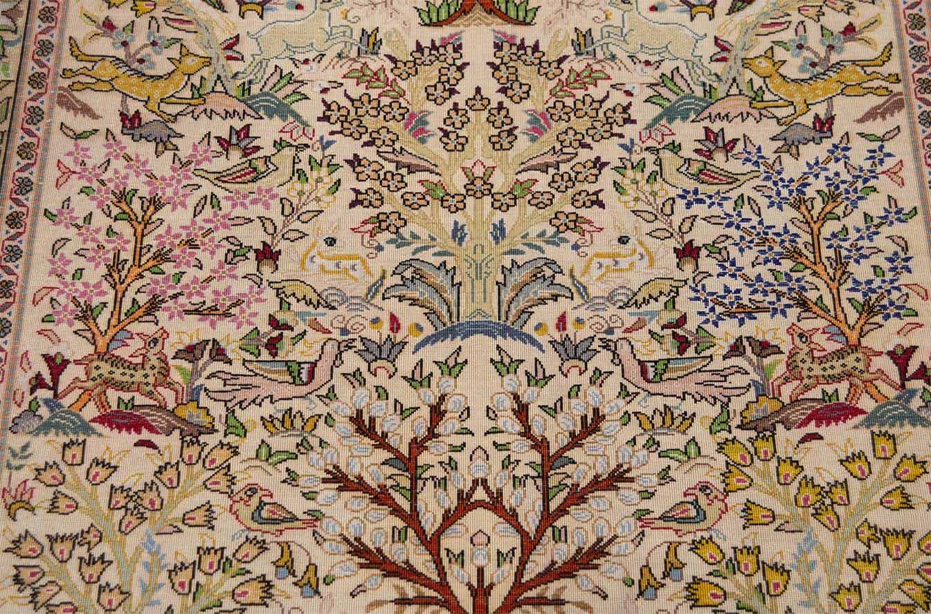 Handmade Persian Tabriz tree of life wool rug with birds and animals in beige color. Size 3.6x5.
