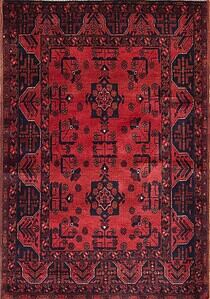 Handmade tribal area rug from Afghanistan with red and black colors. Rug size 3.6x5.1.