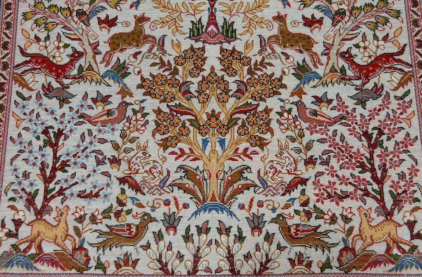 Handmade Persian Tabriz rug, bedside rug in light blue color with birds and animals. size 3.5x5.3.