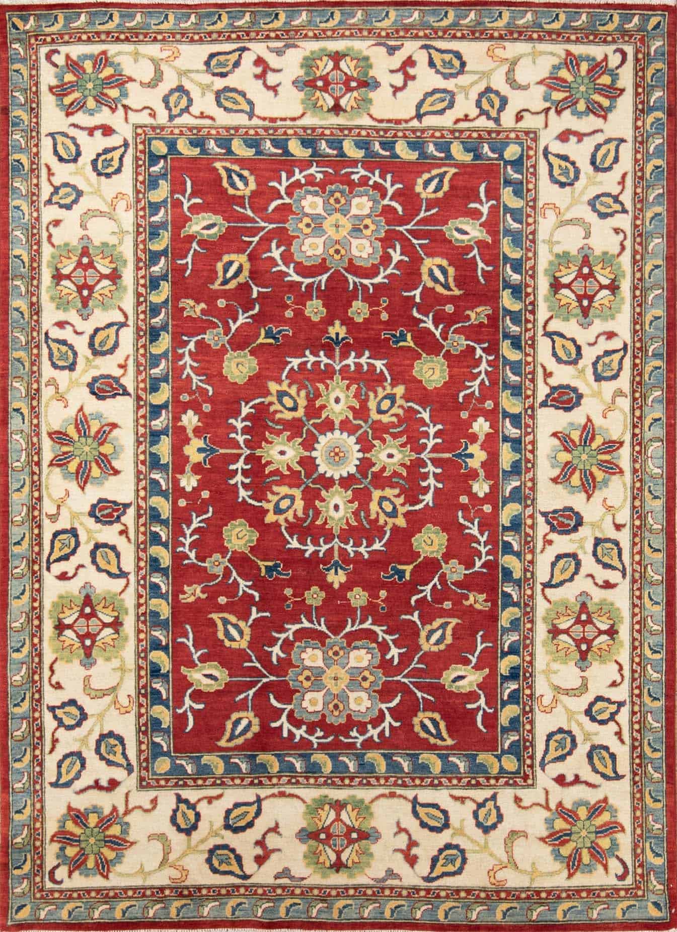 Traditional area rugs. handmade floral Russian design rug made of wool in red color. Size 6.3x8.6.