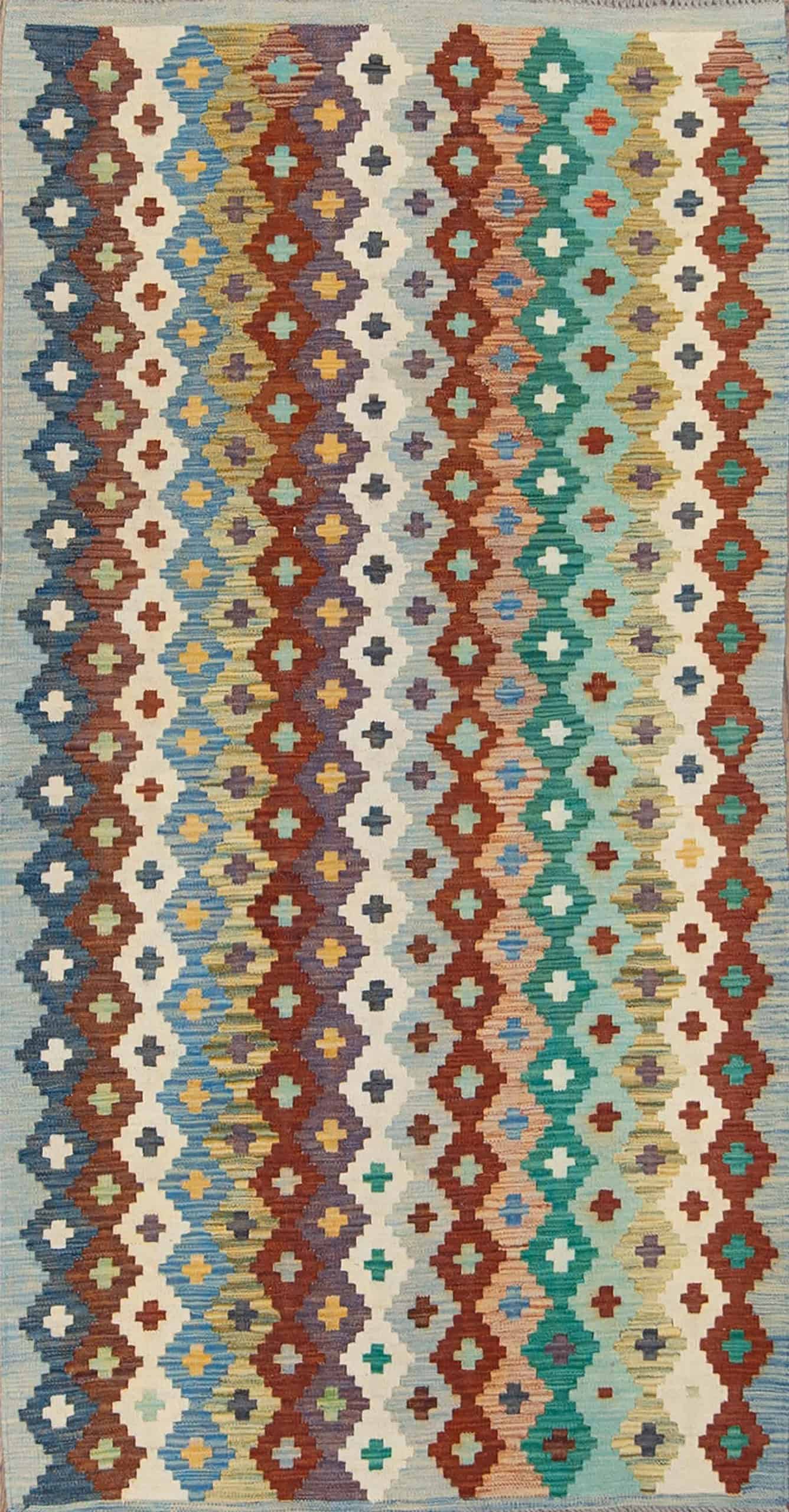 3124- Beige kilim runner rug. Hand-woven Pakistani wool kilim runner. Size 3.6x6.3.