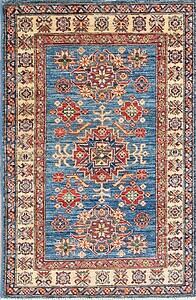 Decorating with oriental rugs, hand woven wool oriental rug geometric style design with blue and beige colors.