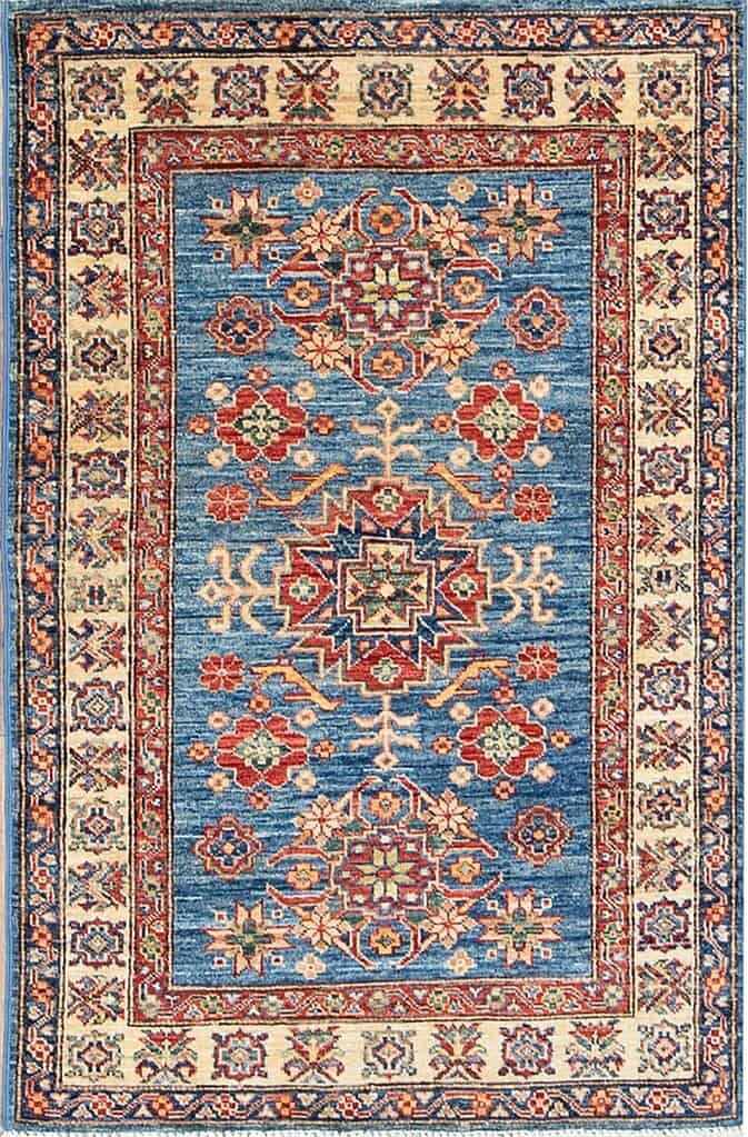 7250- Blue oriental rug. A hand-woven super Kazak-quality wool rug made in Pakistan. Size 3x4.6. 