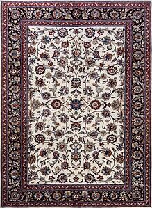 Versatile 6x9 to 7x10 rugs, Persian Kashmar carpet made of wool, floral style with beige and navy blue.