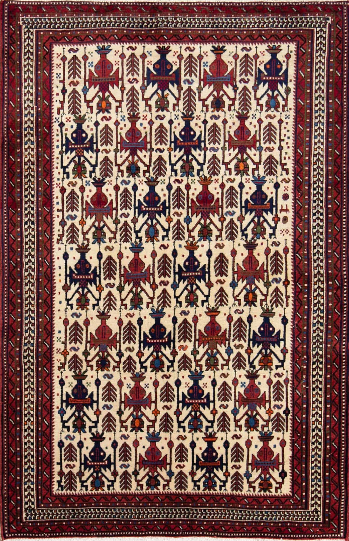 2653- Tribal area rug. Handmade beige Persian Shiraz wool area rug. Size 4.7x6.8.