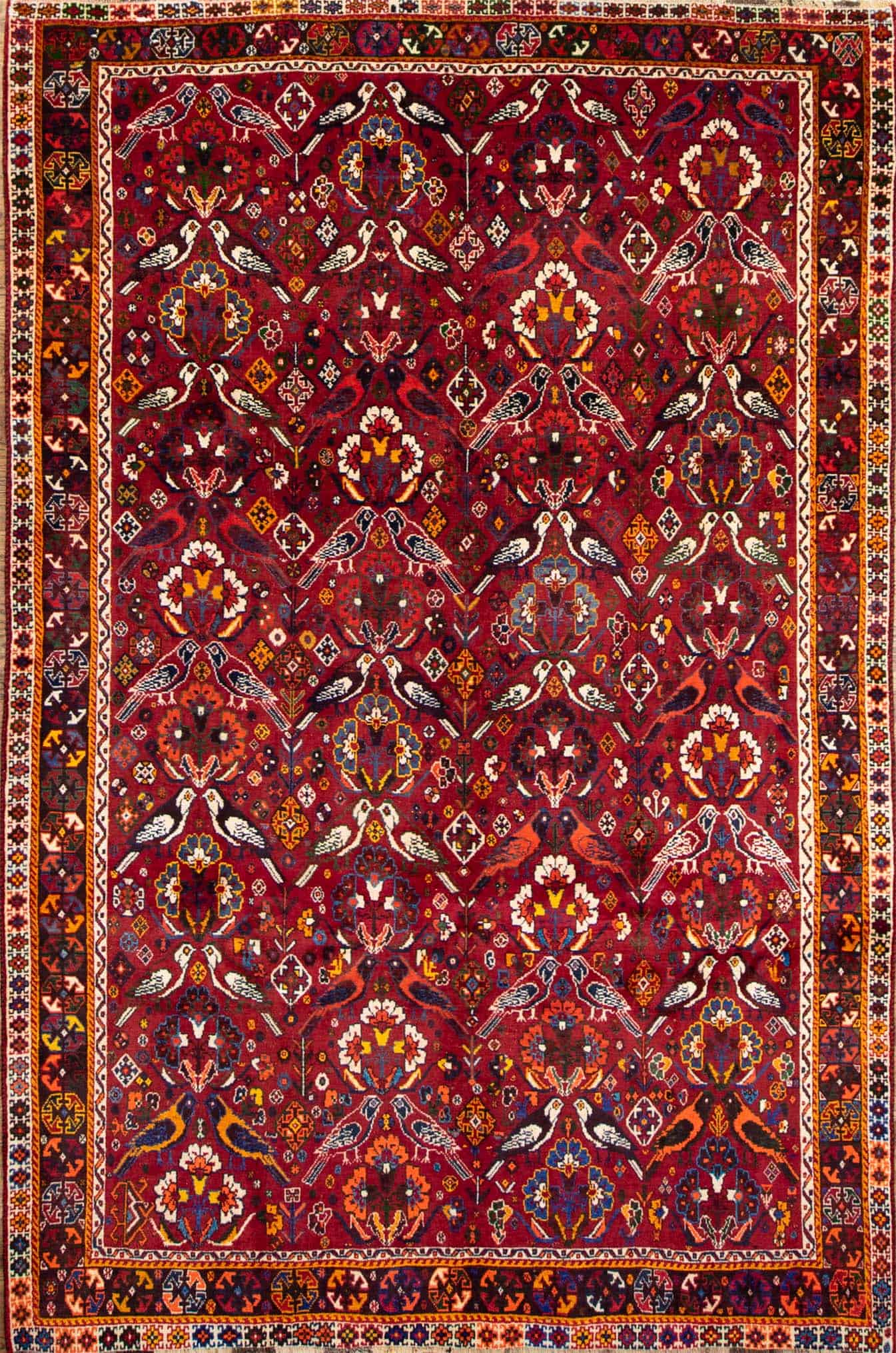 Red Persian rug. Handmade Persian Shiraz wool rug with birds in red color. Size 7x10.5.